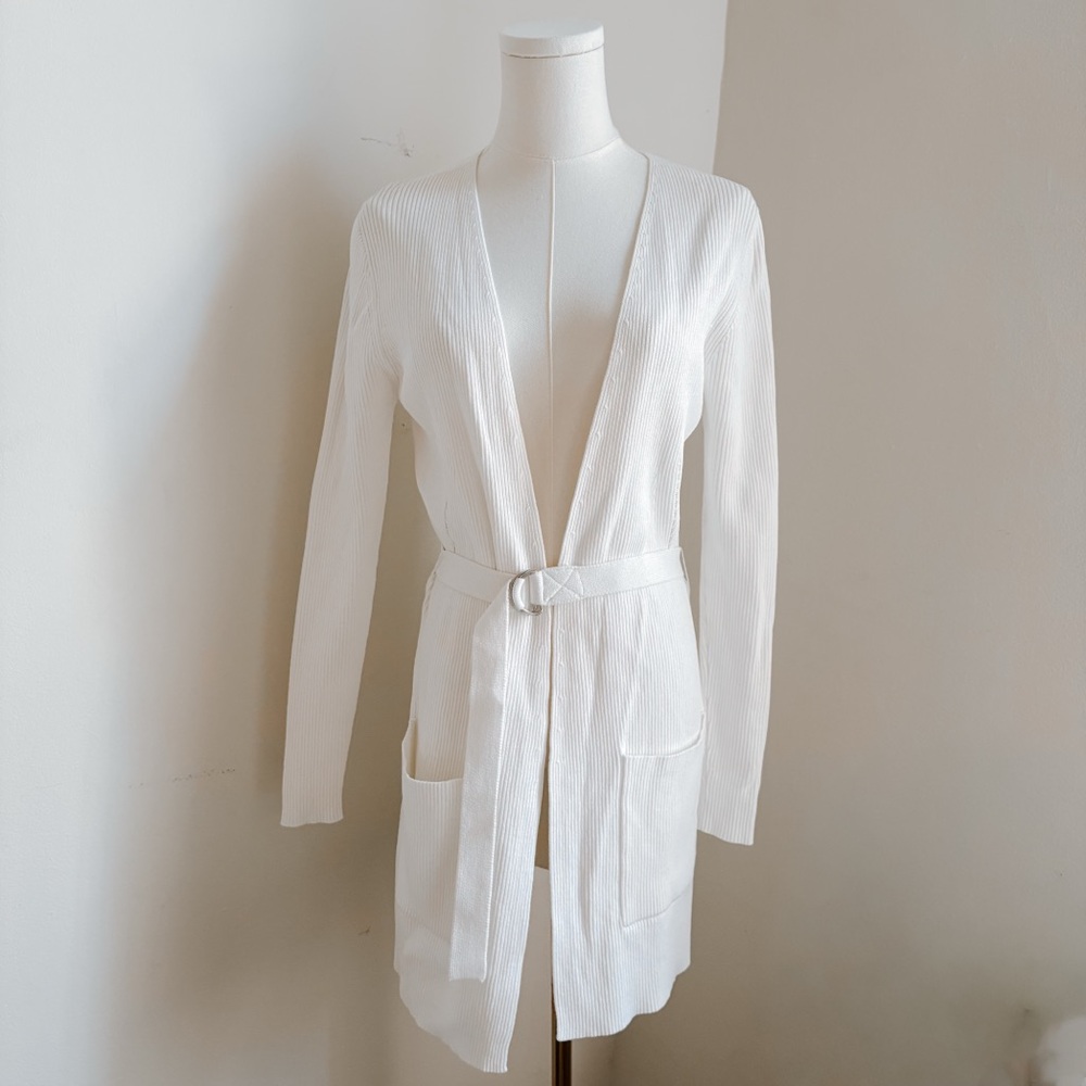 MICHAEL Michael Kors • Luxe White Ribbed Sculpt Knit Belted Cardigan